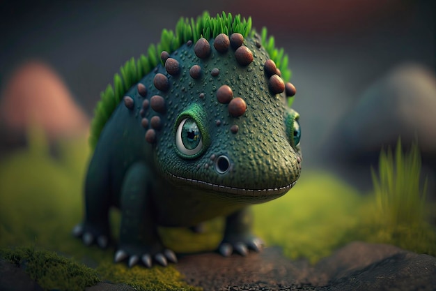 green cute baby dinosaur with blur background, creative ai