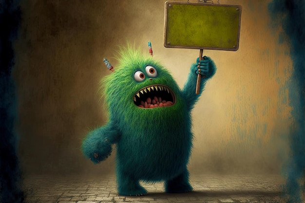 Green cute little furry monster with horns waving board