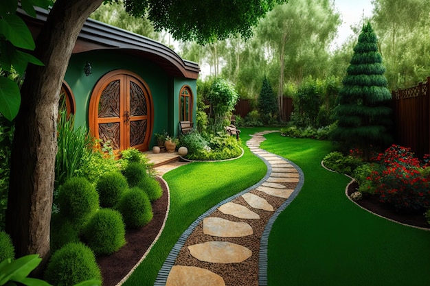 Green decorative garden with lawn and paths in cozy backyard of house