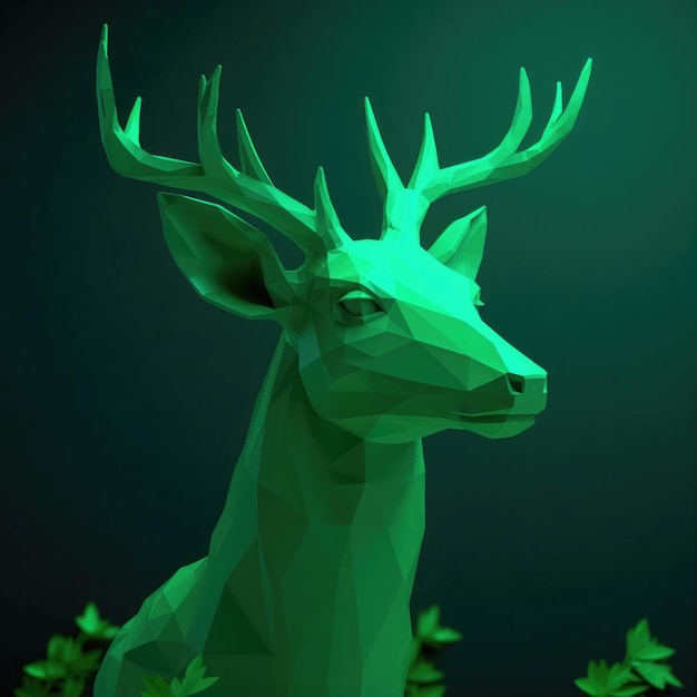 A green deer with big horns is standing in a dark room.