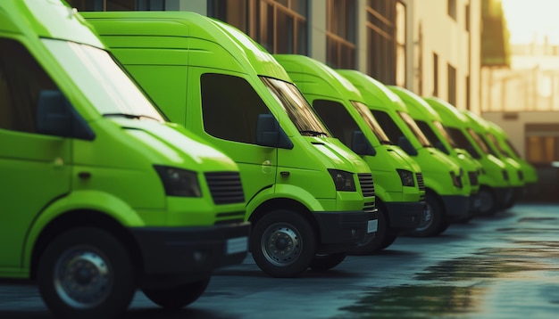 Photo green delivery vans in a row a concept of clean transportation with an ecofriendly band making them stand out