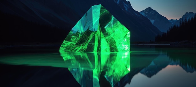 A green diamond sits in a lake with a mountain in the background.