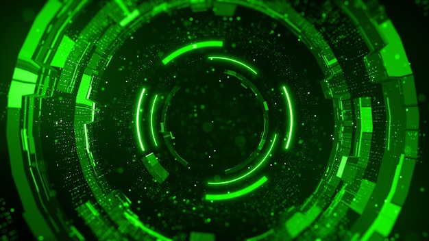 Green digital tunnel of cyberspace with particles Future technology geometric shape