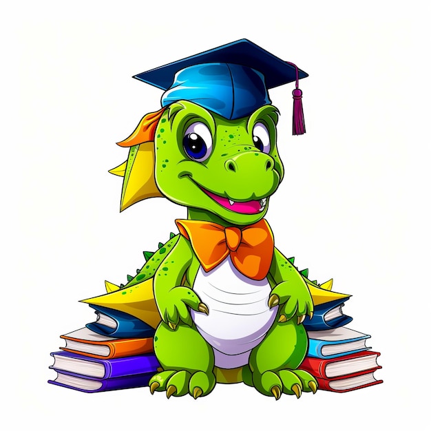 Green dinosaur sitting on top of pile of books Generative AI