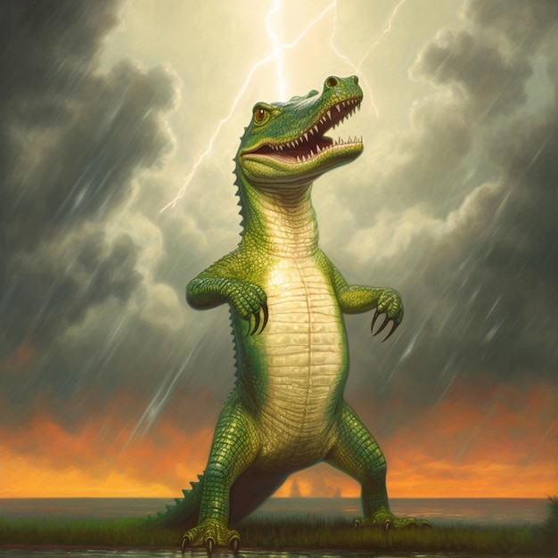 A green dinosaur stands in the rain with a lightning bolt in the background.