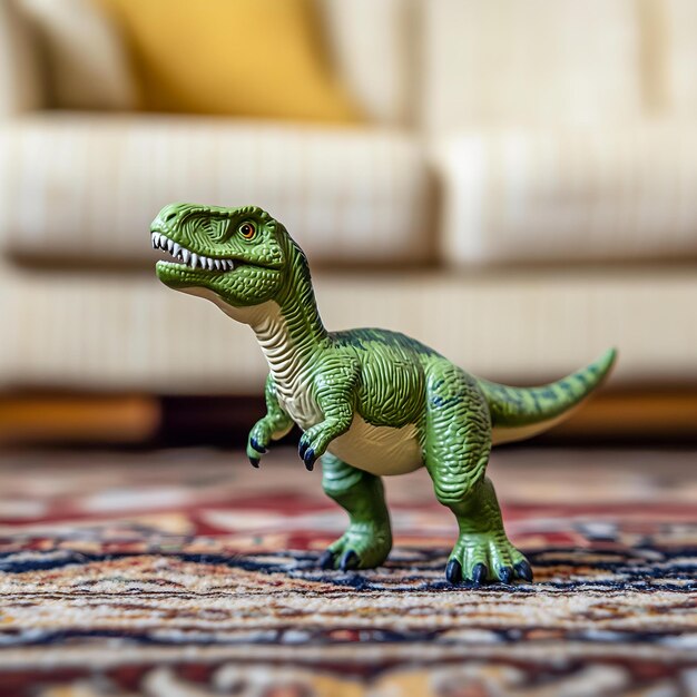 Photo a green dinosaur toy on a rug with a white couch in the background