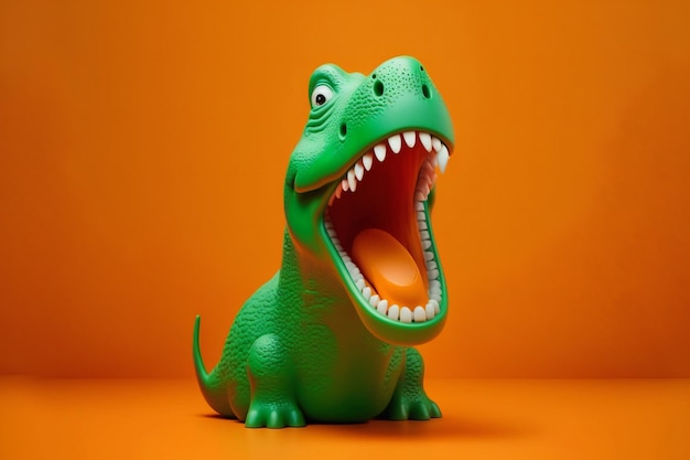 Green dinosaur toy with open mouth on a vivid orange creative digital illustration painting