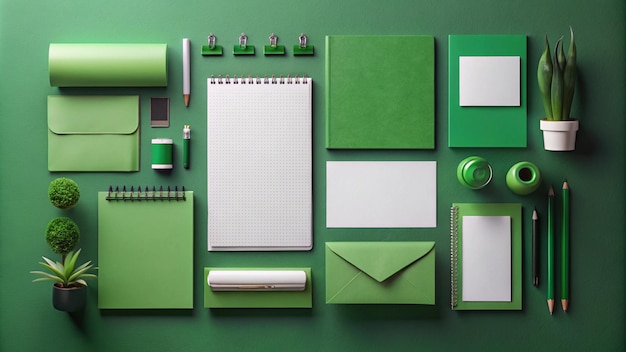 a green display of different colored items including a green notebook and a green pen