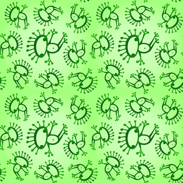 Green doodle alien frog seamless baby pattern background texture