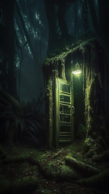 A green door in a dark forest with a lamp on it.