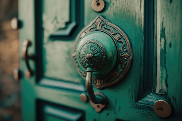 Green door with handle and lock Illustration Generative AI