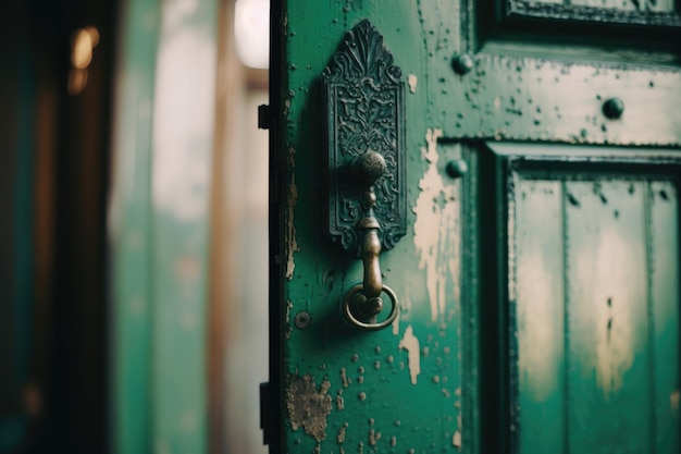 Green door with handle and lock Illustration Generative AI