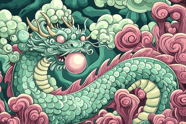 Green Dragon Blowing a Bubble in Pink and Green Clouds