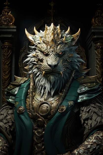 green dragon king on the golden throne in the castle Greeting card with the symbol of the Chinese new year 2024