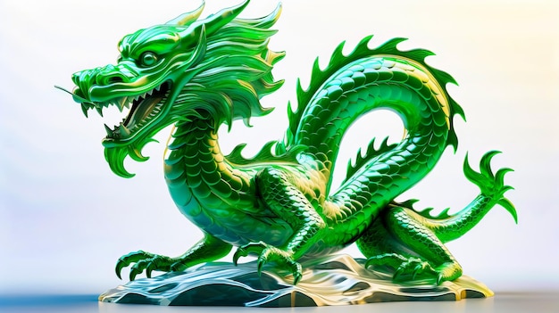 Green dragon statue sitting on top of white table next to white wall Generative AI