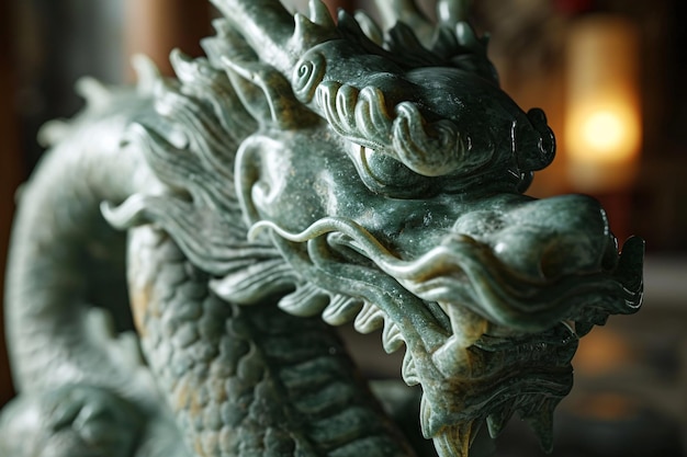 Photo a green dragon statue with a mouth open