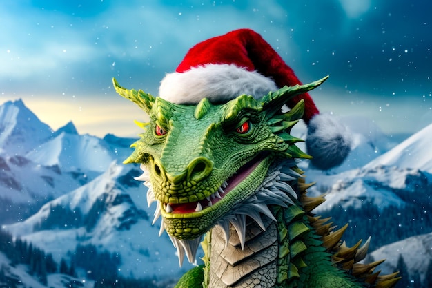 Green dragon wearing santa hat in front of snowy mountain range Generative AI