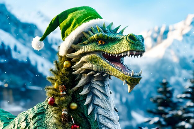 Green dragon with christmas hat on it's head standing in front of snowy mountain Generative AI