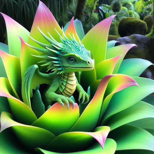 a green dragon with a colorful pattern is sitting on a plant