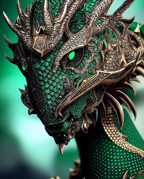 Photo green dragon with gold eyes and green eyes.