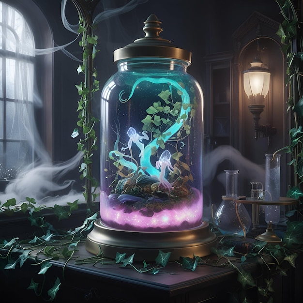 a green dragon with a purple body is shown in a glass jar