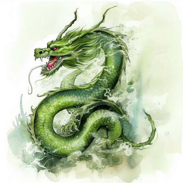 A green dragon with a red eye and a green nose.