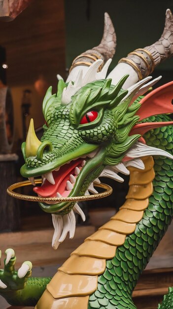 Photo a green dragon with red eyes and a gold ring around its mouth