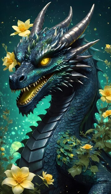 A green dragon with stars and flowers around