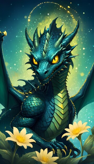 A green dragon with stars and flowers around