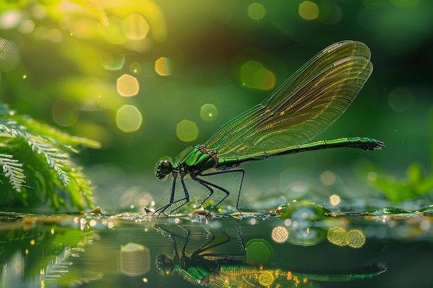 A green dragonfly perched on the edge of the water its wings reflecting in the clear waters surrou