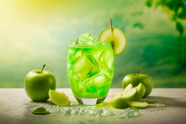 Green drink with slice of apple on the side and slice of lime on the side Generative AI