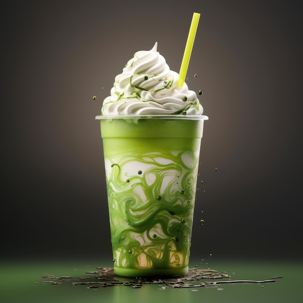 a green drink with a white substance and a straw