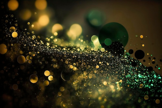 A green drop of gold is surrounded by gold glitter