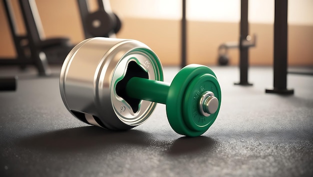 a green dumbbell with a silver handle and a green wheel