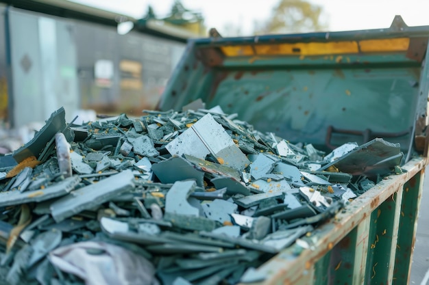 Photo a green dumpster is overflowing with shattered tile pieces waiting for waste removal at a renovation project site