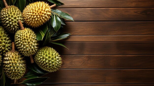 Photo green durian on the wooden board thai fruit space for text generative ai