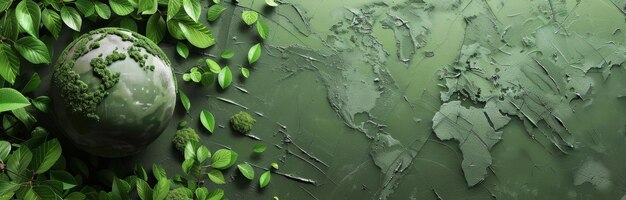 Photo green earth globe surrounded by fresh greenery on a textured green background