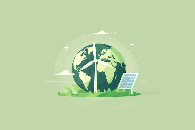 A green earth illustration with a wind turbine and solar panels surrounded by leaves on a soft green background