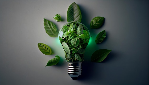 Green eco friendly light bulb from fresh leaves top view concept of Renewable Energy and Sustainable Living Generative AI