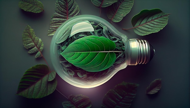 Green eco friendly light bulb from fresh leaves top view concept of Renewable Energy and Sustainable Living Generative AI