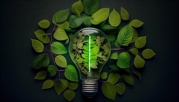 Green eco friendly lightbulb from fresh leaves top view concept of Renewable Energy and Sustainable Living Earth Day the importance of loving nature