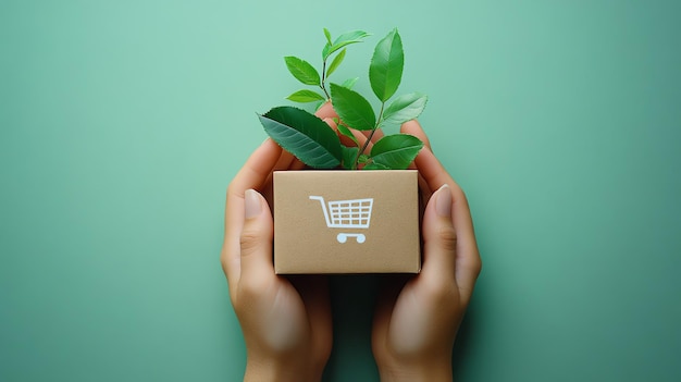 Photo green eco friendly shopping cart icon on cardboard box held by hands