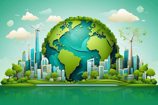 Green Eco global city nature background as earth day and save the world concept design