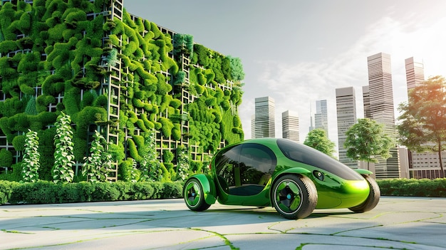 Photo green electric car parked near a living wall in a modern city