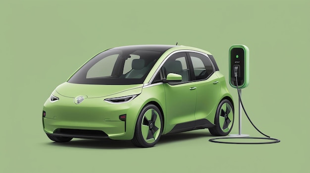 Photo a green electric car plugged into a charging station against a green background