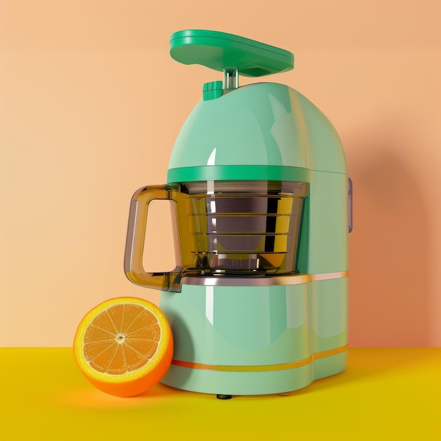 Photo a green electric citrus juicer with a halved orange on a yellow countertop