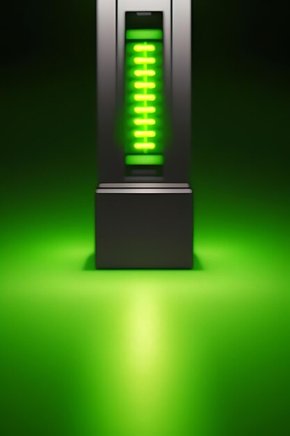 a green electronic device with the green light lit up