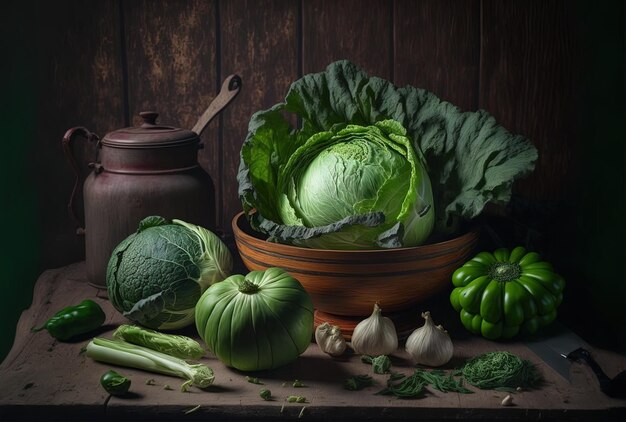 Green elements for preparing a veggie dinner on the table such as cabbage and pepper