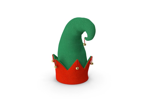 A green elf hat with gold studs and a red cap.