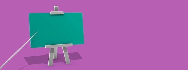 Photo green empty presentation board on a purple background with a pointer for any information stylish minimalistic render